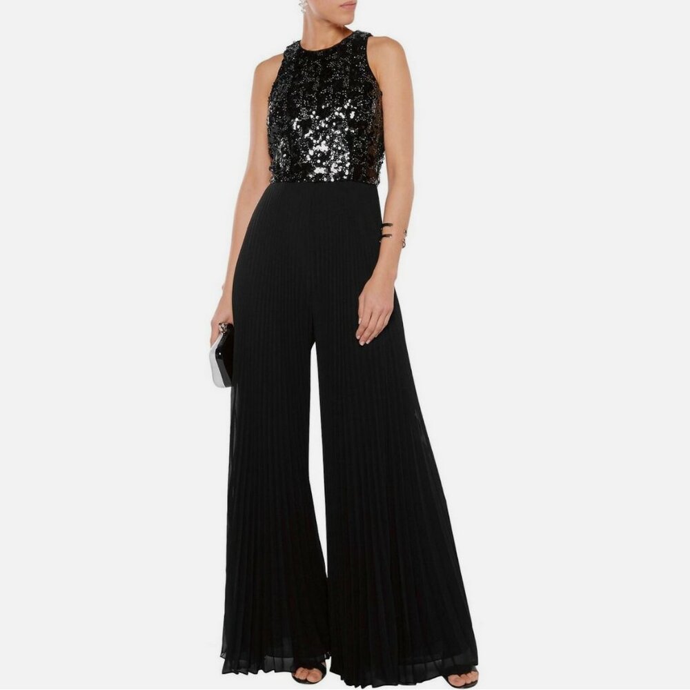 Mikael Aghal Sequin Embellished Pleated Chiffon Jumpsuit